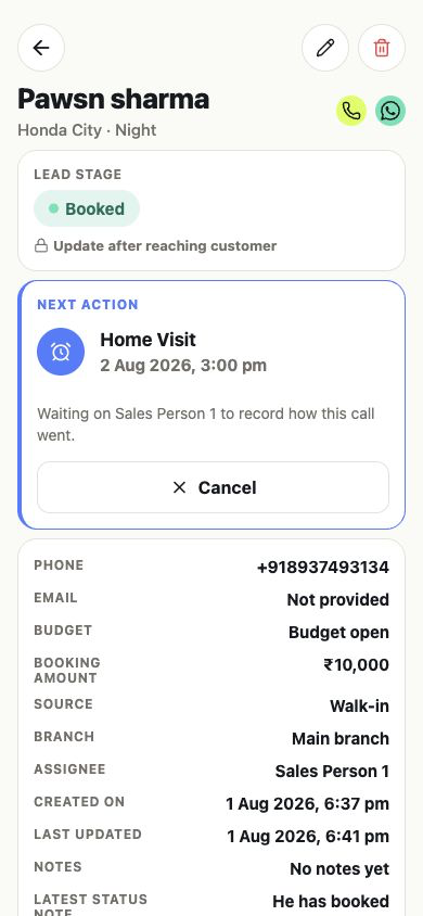 Full Showroom 360 mobile lead detail screen